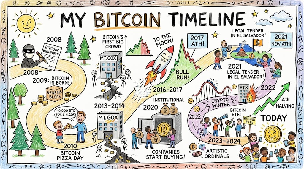 My Bitcoin Timeline — hand-drawn